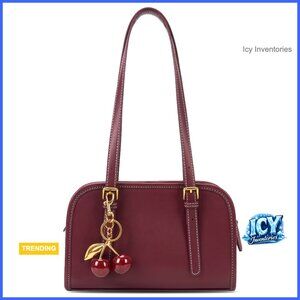 Faux Leather Shoulder Bag with Cherry Pendant